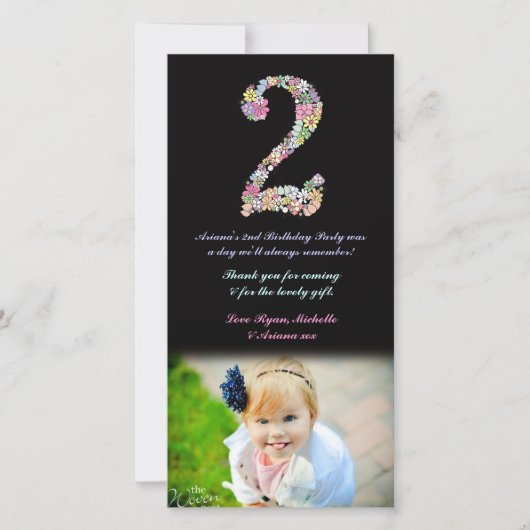 女の子の第2誕生日の花柄は写真感謝していしています サンキューカード (正面)
