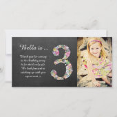 女の子の第3誕生日の花柄は写真カード感謝していしています サンキューカード (正面)