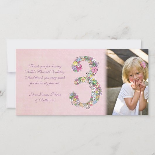 女の子の第3誕生日は写真カード感謝していしています サンキューカード (正面)