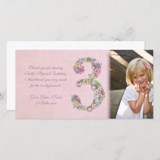 女の子の第3誕生日は写真カード感謝していしています サンキューカード (正面/裏面)
