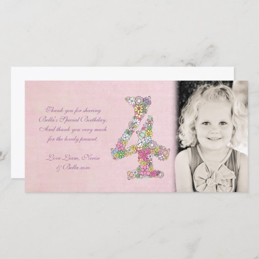 女の子の第4誕生日の花柄は写真カード感謝していしています サンキューカード (正面/裏面)