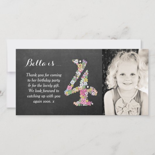 女の子の第4誕生日の花柄は写真カード感謝していしています サンキューカード (正面)