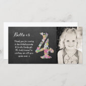 女の子の第4誕生日の花柄は写真カード感謝していしています サンキューカード (正面/裏面)