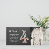 女の子の第4誕生日の花柄は写真カード感謝していしています サンキューカード (スタンド正面)