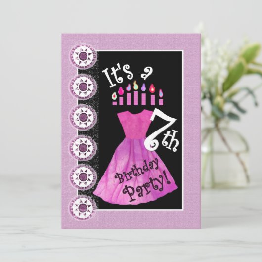 女の子の第7誕生会のピンクの服のテンプレートW1171 招待状 (スタンド正面)
