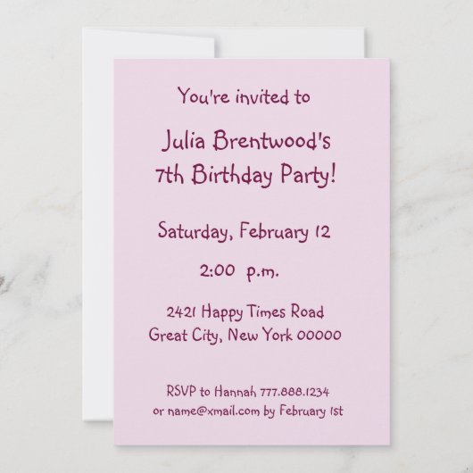女の子の第7誕生会のピンクの服のテンプレートW1171 招待状 (裏面)