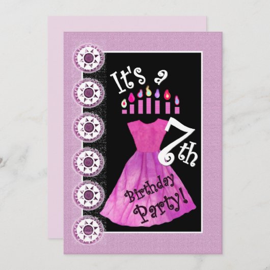 女の子の第7誕生会のピンクの服のテンプレートW1171 招待状 (正面/裏面)