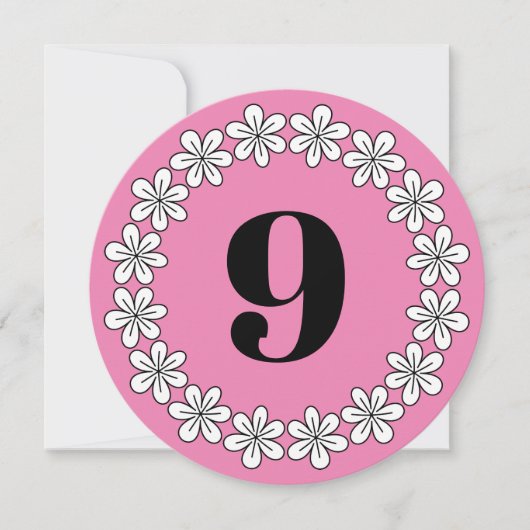 女の子の第9誕生会のピンクの花柄の招待状 招待状 (正面)