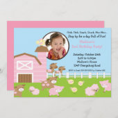 女の子の納屋の動物のおもしろいの写真の誕生日の招待状 招待状 (正面/裏面)