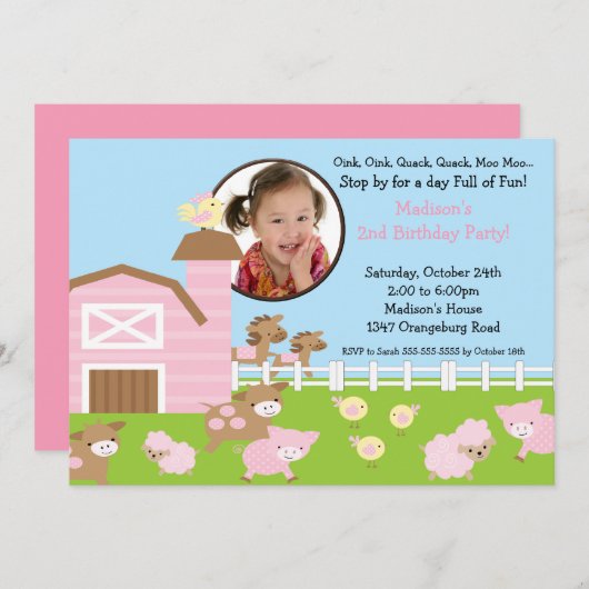 女の子の納屋の動物のおもしろいの写真の誕生日の招待状 招待状 (正面/裏面)