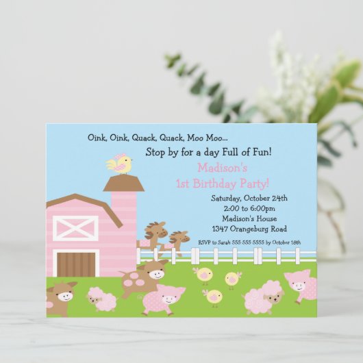 女の子の納屋の動物のおもしろいの誕生会 招待状 (スタンド正面)