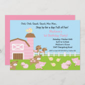 女の子の納屋の動物のおもしろいの誕生会 招待状 (正面/裏面)