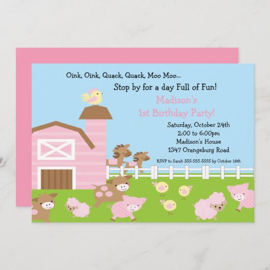 女の子の納屋の動物のおもしろいの誕生会 招待状 (正面/裏面)