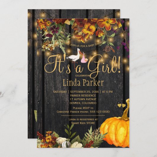 女の子の素朴な秋カボチャのベビーガールシャワーだ 招待状 (正面/裏面)