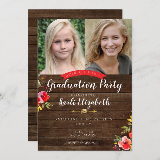 女の子の素朴な花の卒業のパーティの招待状 案内状 (正面/裏面)