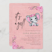 女の子の素朴バーラップ象の花の赤ちゃんシャワー 招待状 (正面/裏面)
