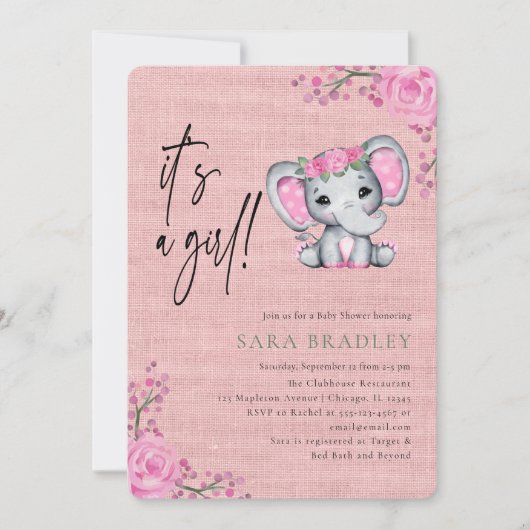 女の子の素朴バーラップ象の花の赤ちゃんシャワー 招待状 (正面)