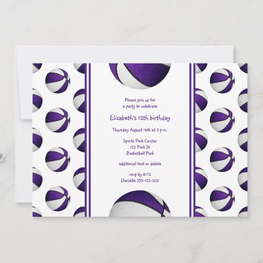女の子の紫の白いバスケットボールの誕生日_チームパーティー 招待状 (正面)