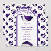 女の子の紫の白いバスケットボールの誕生日_チームパーティー 招待状 (正面/裏面)