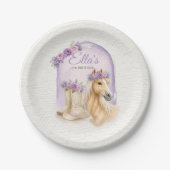 女の子の紫の花の馬の誕生日紙皿 ペーパープレート (正面)