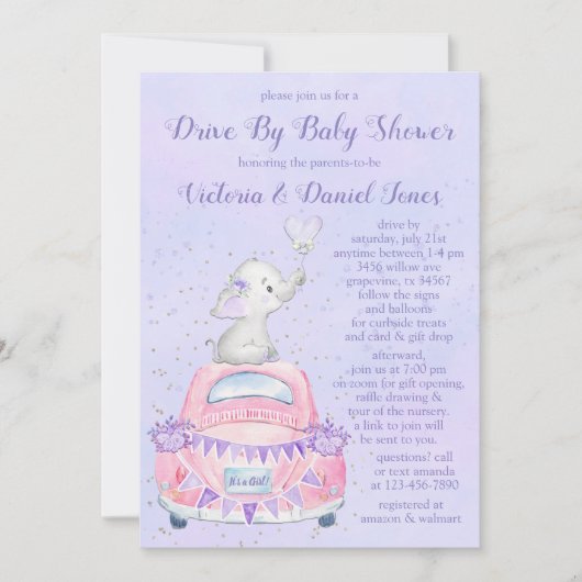 女の子の紫の象の車でドライブバイ ベイビーシャワー 招待状 (正面)