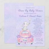 女の子の紫の象の車でドライブバイ ベイビーシャワー 招待状 (正面/裏面)