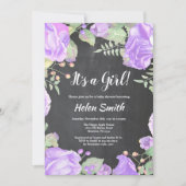 女の子の紫の赤ちゃんのシャワーフローラの黒板 招待状 (正面)