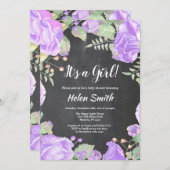 女の子の紫の赤ちゃんのシャワーフローラの黒板 招待状 (正面/裏面)