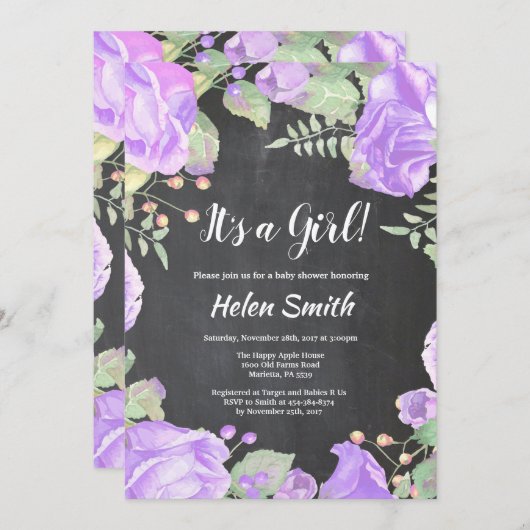 女の子の紫の赤ちゃんのシャワーフローラの黒板 招待状 (正面/裏面)