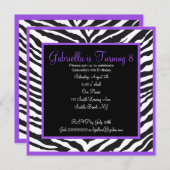 女の子の紫色のシマウマのプリントの誕生日の招待状 招待状 (正面/裏面)