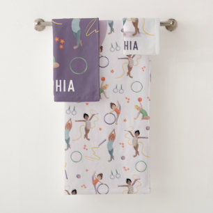 女の子の紫色の体操パターンモノグラムキッズ バスタオルセット
