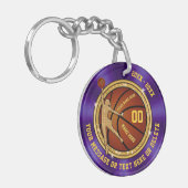 女の子の紫色の金ゴールドのパーソナライズなバスケットボールのキーホルダー キーホルダー (正面左)