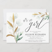 女の子の緑のモダン金ゴールドピンクの赤ちゃんシャワー 招待状 (正面)