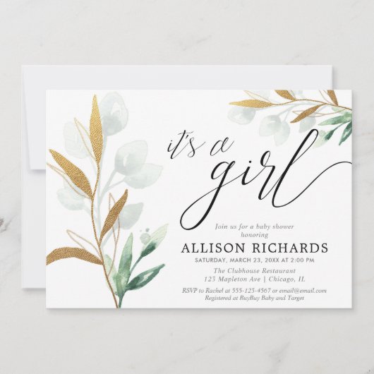 女の子の緑のモダン金ゴールドピンクの赤ちゃんシャワー 招待状 (正面)
