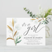 女の子の緑のモダン金ゴールドピンクの赤ちゃんシャワー 招待状 (スタンド正面)