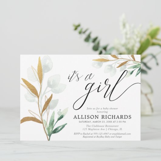 女の子の緑のモダン金ゴールドピンクの赤ちゃんシャワー 招待状 (スタンド正面)
