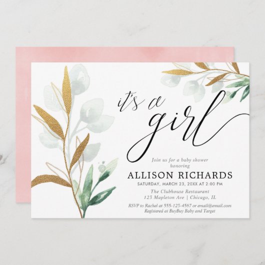 女の子の緑のモダン金ゴールドピンクの赤ちゃんシャワー 招待状 (正面/裏面)