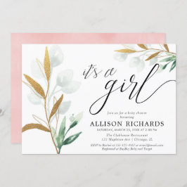 女の子の緑のモダン金ゴールドピンクの赤ちゃんシャワー 招待状