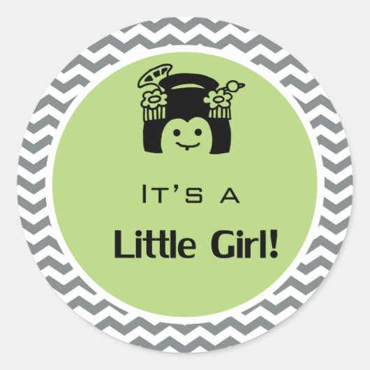 女の子の緑の灰色のシェブロンのステッカーだ。 ラウンドシール (正面)