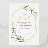 女の子の緑の金ゴールド幾何学的な赤ちゃんシャワー 箔招待状 (正面)