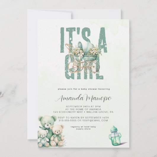 女の子の緑の雪の水色の赤ちゃんシャワー 招待状 (正面)