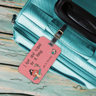 女の子の編み物ピンクのドット背景糸レトロルック ラゲッジタグ