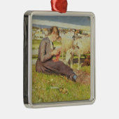 女の子の編み物1888年(キャンバスの油) メタルオーナメント (右)