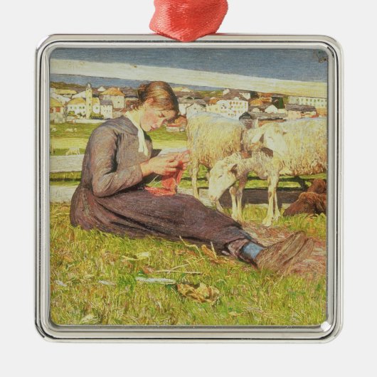 女の子の編み物1888年(キャンバスの油) メタルオーナメント (正面)