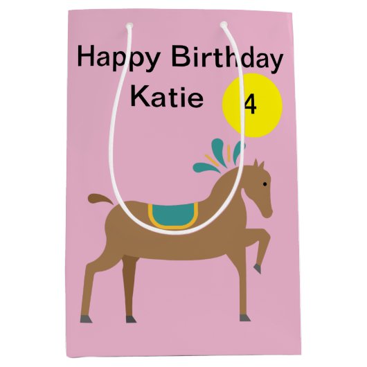 女の子の編集可能なかわいい漫画の馬年齢 ミディアムペーパーバッグ (正面)