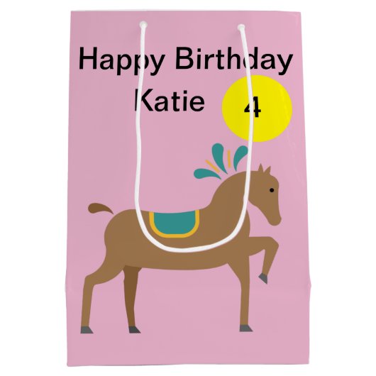 女の子の編集可能なかわいい漫画の馬年齢 ミディアムペーパーバッグ (裏面)