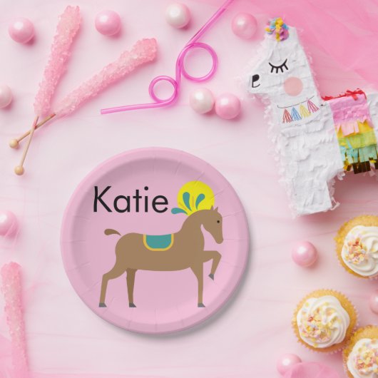 女の子の編集可能なかわいい漫画の馬 ペーパープレート (パーティー)