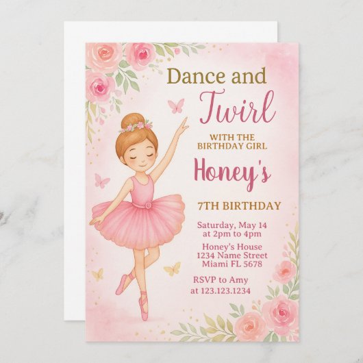 女の子の編集可能なダンスパーティーテンプレート 招待状 (正面/裏面)