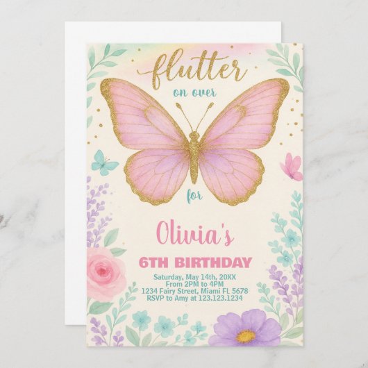 女の子の編集可能なフローラパーティーテンプレート 招待状 (正面/裏面)