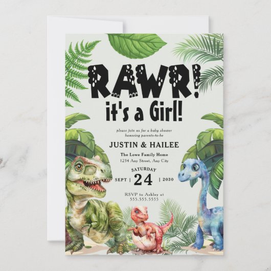 女の子の編集可能な恐竜の赤ちゃんシャワー 招待状 (正面)
